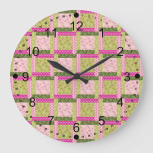Pretty Pink Green Patchwork Squares Quilt Pattern Large Clock