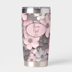 Pretty Pink-Grey 3D Poppies Flower Girl Insulated Tumbler
