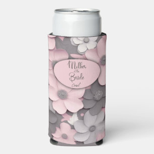 Pretty Pink-Grey 3D Poppies Mother of the Bride Seltzer Can Cooler