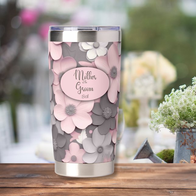 Pretty Pink-Grey 3D Poppies Mother of the Groom Insulated Tumbler (Creator Uploaded)