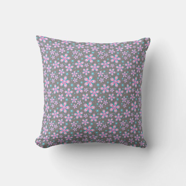 Pretty Pink & Grey Floral Cushion (Front)
