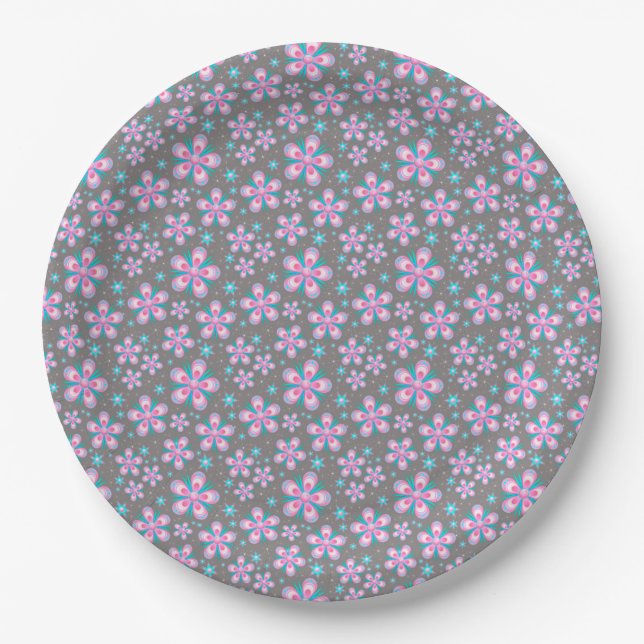 Pretty Pink & Grey Floral Paper Plate (Front)