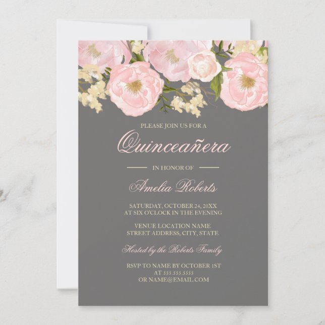 Pretty Pink Grey Floral Quinceanera Invitation (Front)