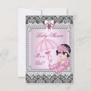 Pretty Pink Grey Girl Baby Shower Damask Invitation