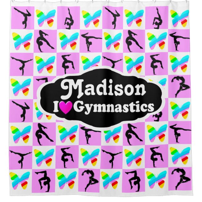 PRETTY PINK GYMNASTICS PERSONALIZED SHOWER CURTAIN (Front)