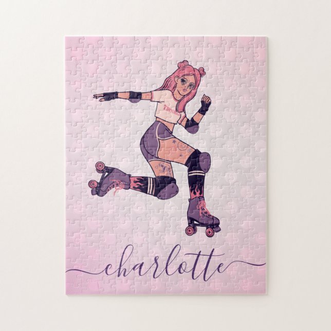 Pretty Pink Hair Girl Rollerblading Skater Name Jigsaw Puzzle (Vertical)