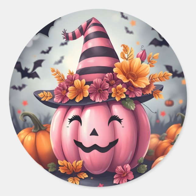 Pretty Pink Halloween Pumpkin Jack-o-lantern Classic Round Sticker (Front)