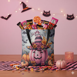 Pretty Pink Halloween Pumpkin Personalised Tote Bag