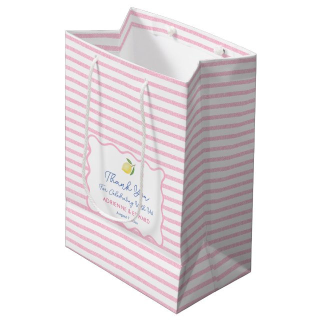 Pretty Pink Hand-Drawn Lemon Wedding Thank You Medium Gift Bag (Front Angled)