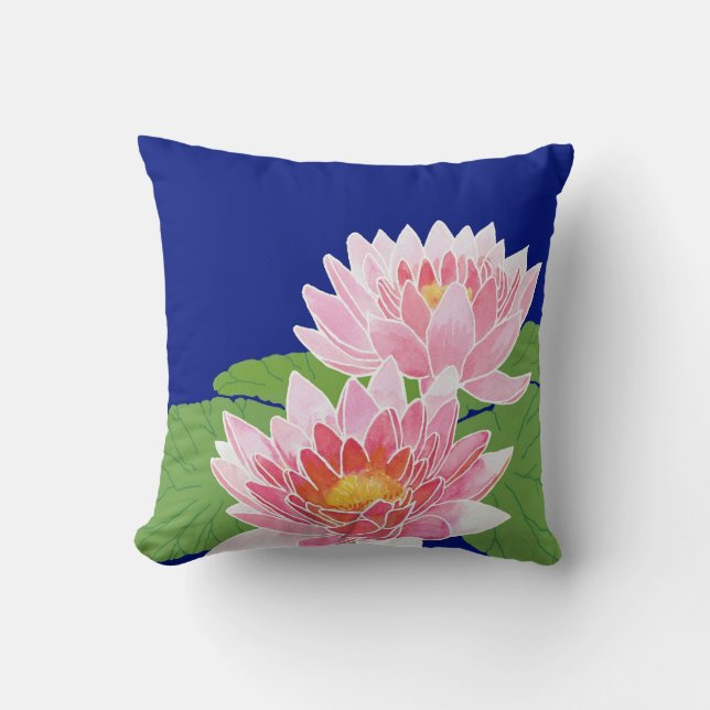 Pretty Pink Hand-painted Water Lilies on Blue Cushion (Front)
