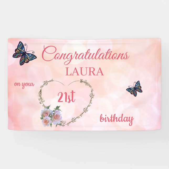 Pretty Pink Happy 21st Birthday Banner (Horizontal)