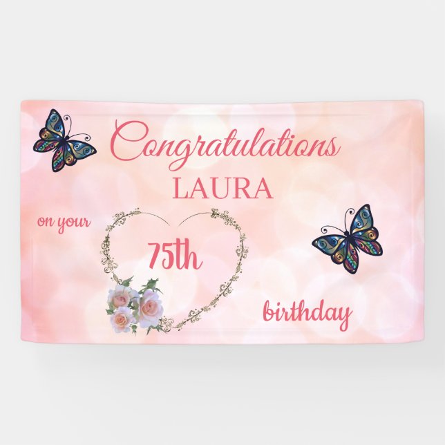 Pretty Pink Happy 75th Birthday Banner (Horizontal)