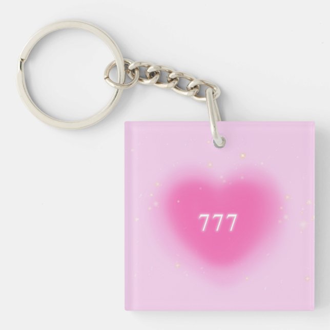 Pretty Pink Heart Aesthetic Angel Number 777   Key Ring (Front)