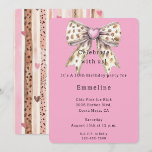 Pretty Pink Heart Leopard Girly Bow Birthday Invitation