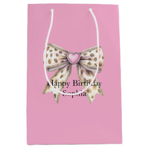 Pretty Pink Heart Leopard Girly Bow Birthday Medium Gift Bag