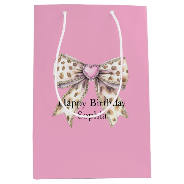 Pretty Pink Heart Leopard Girly Bow Birthday Medium Gift Bag (Front)