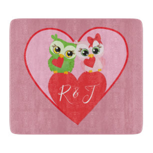 Pretty Pink Hearts and Owls Monogram Initials Cutting Board