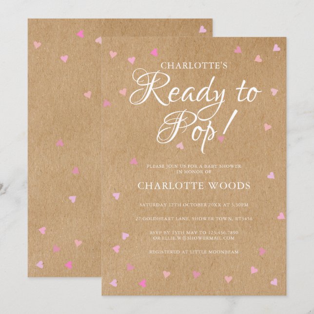 Pretty Pink Hearts Ready to Pop Baby Shower Boho Invitation (Front/Back)