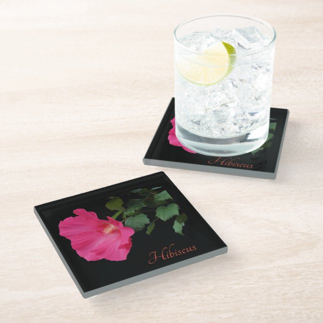 Pretty pink hibiscus on black glass coaster (Angled)