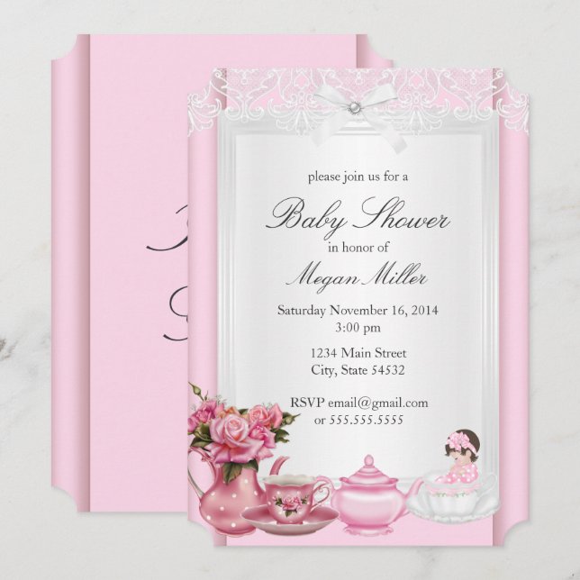 Pretty Pink High Tea Girl Baby Shower Invitation (Front/Back)