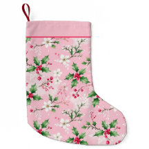 Pretty Pink Holly and Berries Christmas Stocking