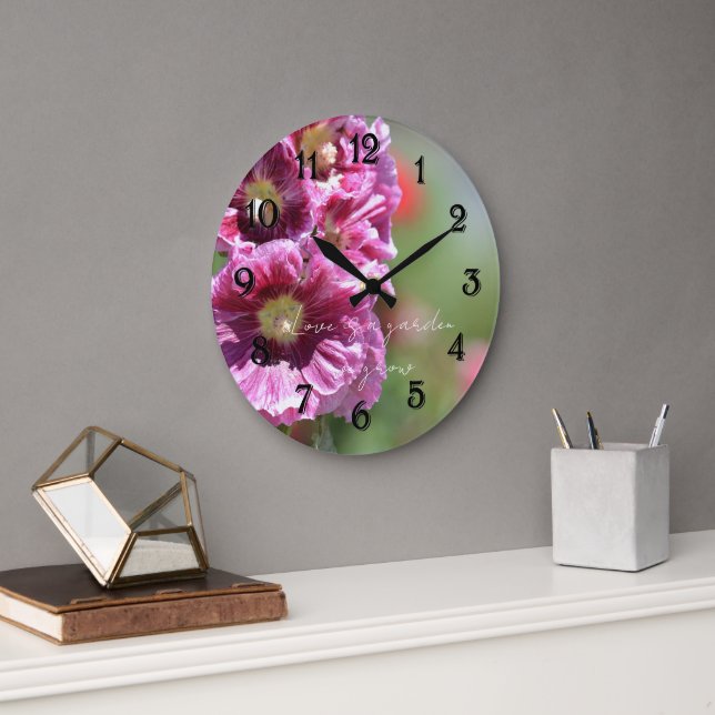 Pretty Pink Hollyhock Flowers Photography   Large Clock (Office)