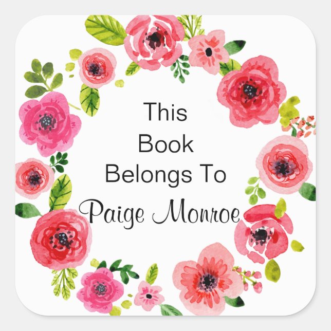 Pretty Pink Hues Floral Wreath Bookplate Square Sticker (Front)