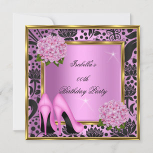 Pretty Pink Hydrangea Floral Black Damask Birthday Invitation