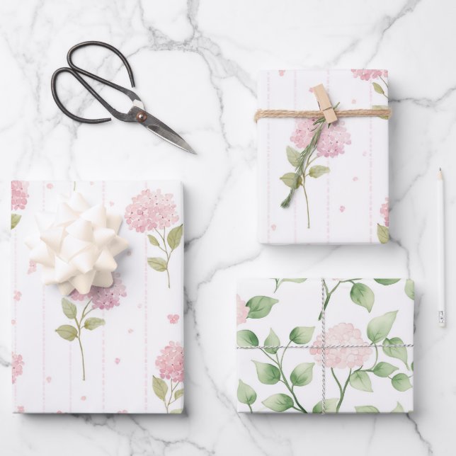 Pretty Pink Hydrangea Flowers Bridal Shower Wrapping Paper Sheet (Front)