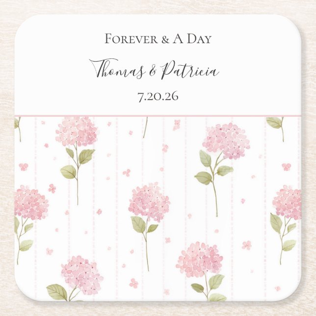 Pretty Pink Hydrangea Flowers Wedding Square Paper Coaster (Front)