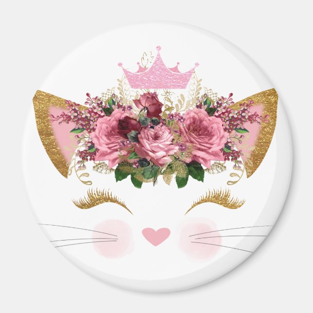 Pretty Pink Kitty Floral Pink Crown Magnet (Front)