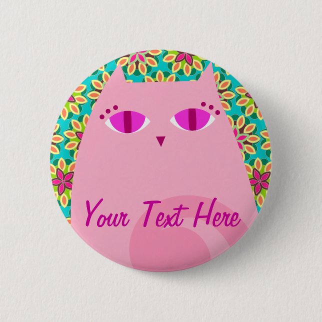 Pretty Pink Kitty on Floral - Custom Button Pin (Front)