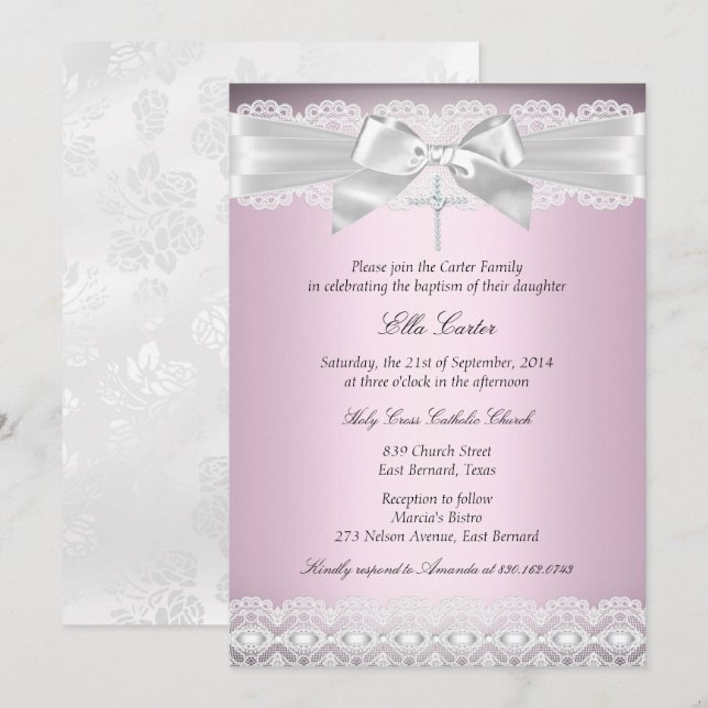 Pretty Pink Lace & Cross Baptism Invite (Front/Back)