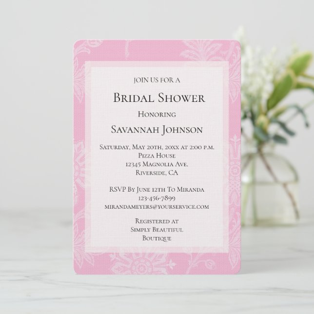 Pretty Pink Lace Floral Bridal Shower Invitation (Standing Front)