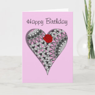 Pretty Pink Lace Heart Red Rose Birthday Card