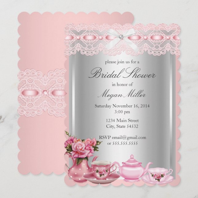 Pretty Pink lace High Tea Bridal Shower Invitation (Front/Back)