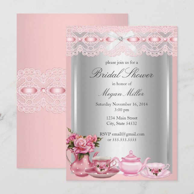 Pretty Pink lace High Tea Bridal Shower Invitation (Front/Back)