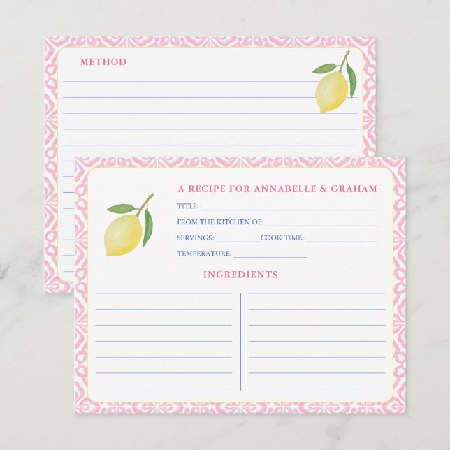 Pretty Pink Lemons Bridal Shower Recipe Card (Front/Back)