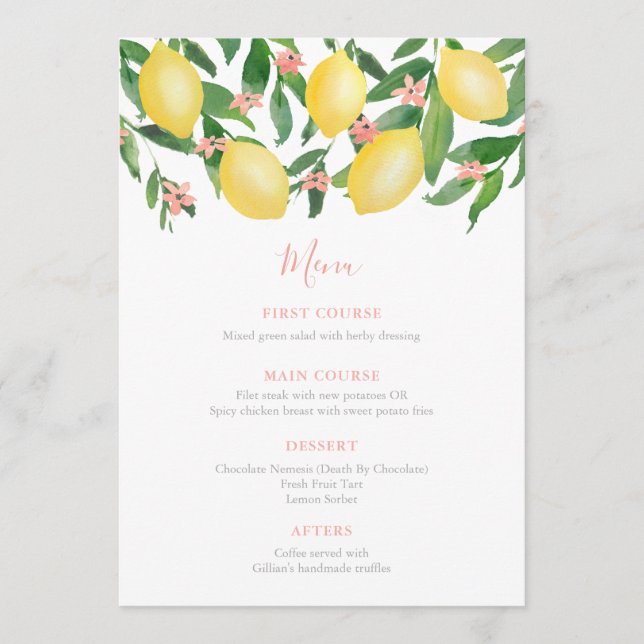Pretty Pink Lemons Citrus Baby Shower For Girl Menu (Front)