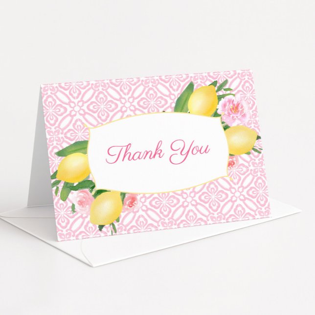 Pretty Pink Lemons Floral Girl Baby Shower Thank You Card (Pretty pink and white tiles with lemons and pink floral detail baby girl shower thank you cards)