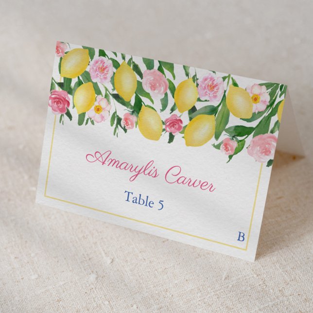 Pretty Pink Lemons Meal Choices Wedding Place Card (Lemons with pretty pink flowers bridal shower or wedding individual place card design)
