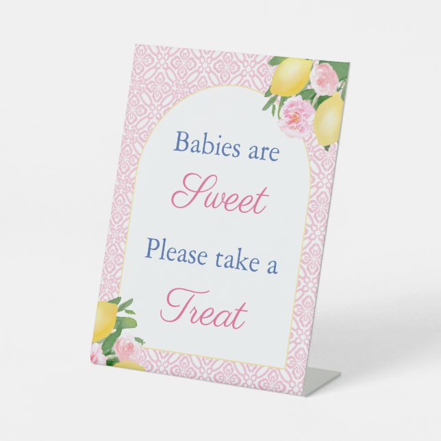 Pretty Pink Lemons Take A Treat Baby Shower Favour Pedestal Sign (Front)