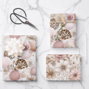 Pretty Pink Leopard Print Floral Birthday Wrapping Paper Sheet