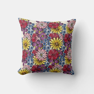 Pretty Pink Lilac Blue Red Wildflower Illustration Cushion