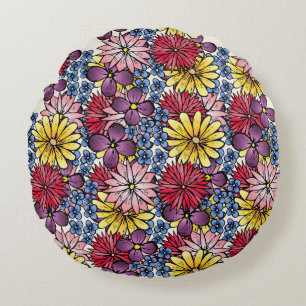 Pretty Pink Lilac Blue Red Wildflower Illustration Round Cushion