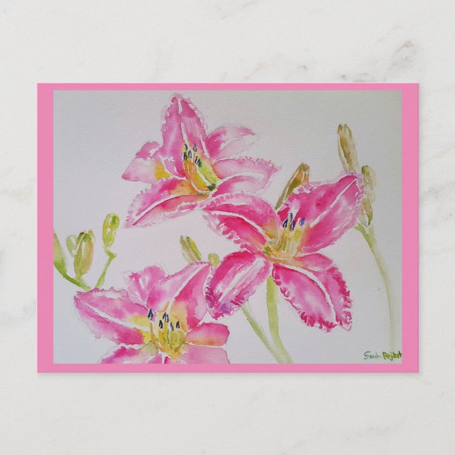 Pretty Pink Lily Watercolor Birthday Postcard (Front)