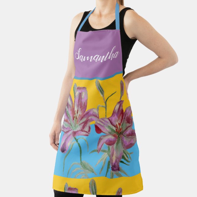 Pretty Pink Lily Watercolor Kitchen Floral Apron (Insitu)