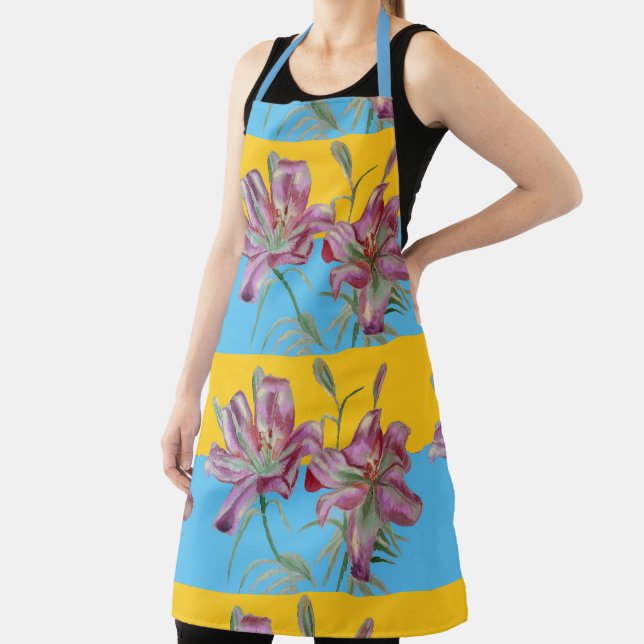 Pretty Pink Lily Watercolor Kitchen Floral Apron (Insitu)