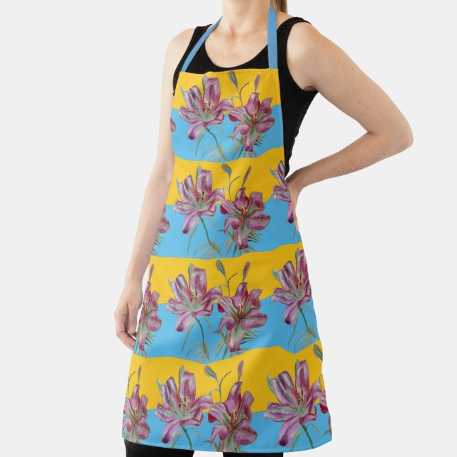 Pretty Pink Lily Watercolor Kitchen Floral Apron (Insitu)