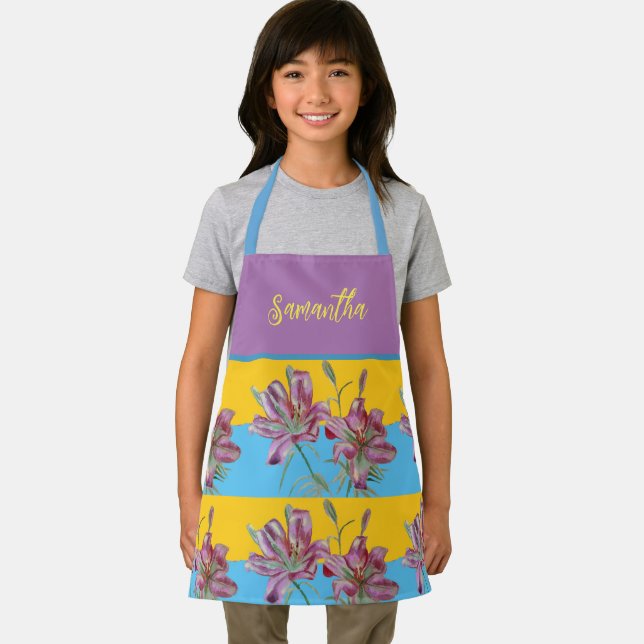 Pretty Pink Lily Watercolor Kitchen Floral Apron (Insitu)